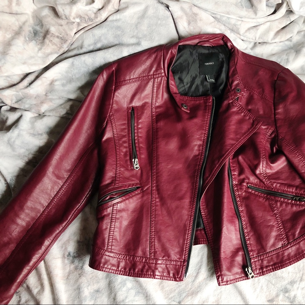 Dark Red, Faux Leather, Motorcycle Jacket